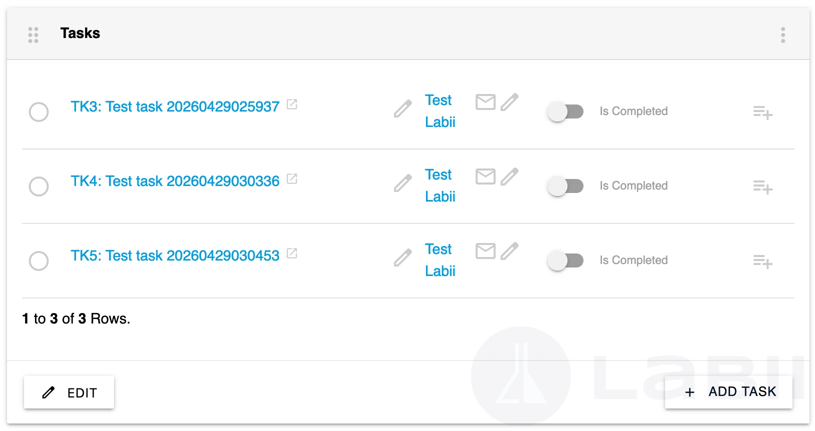 Tasks widget displaying a list of tasks with checkboxes