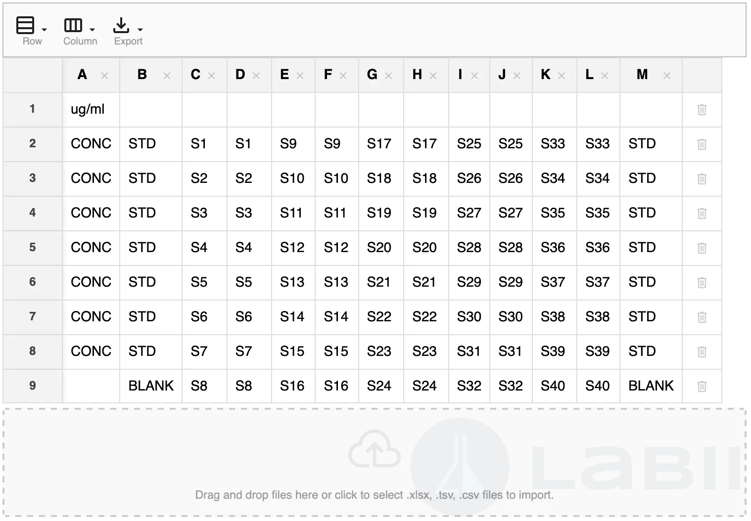 Data Grid widget in edit view showing toolbar, interactive cells, and file import drop zone