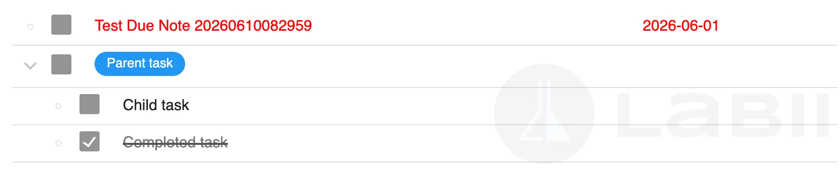Read-only view of the ToDo widget showing parent tasks, subtasks, due dates, and action icons