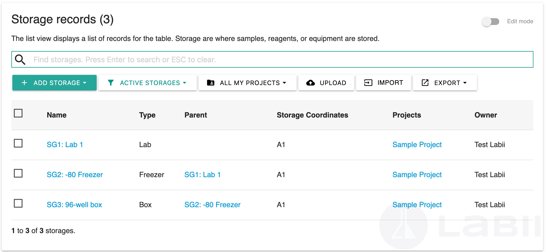 Storage list view interface
