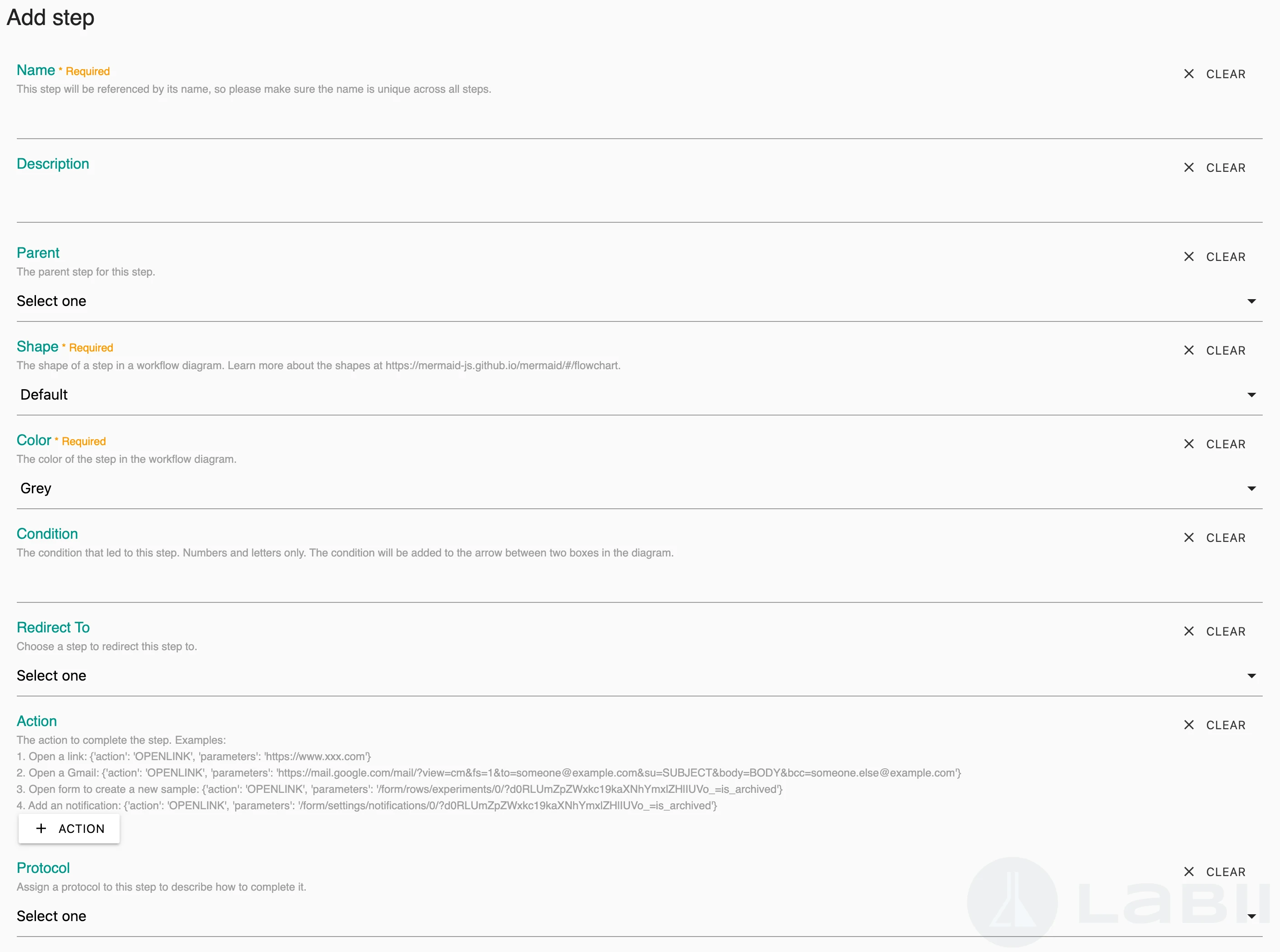Add step form showing all configurable step fields
