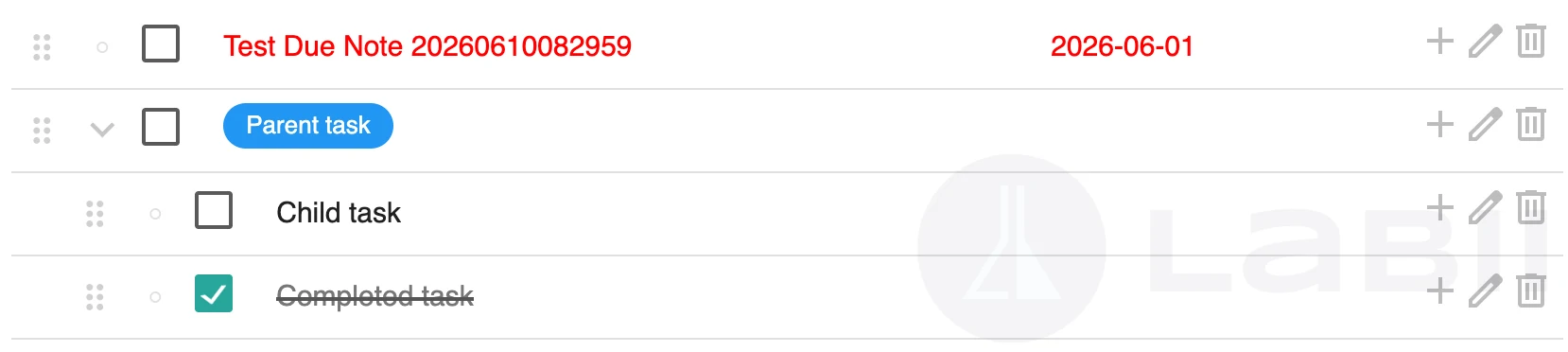 Edit view of the ToDo widget showing inline task editing and hierarchy controls
