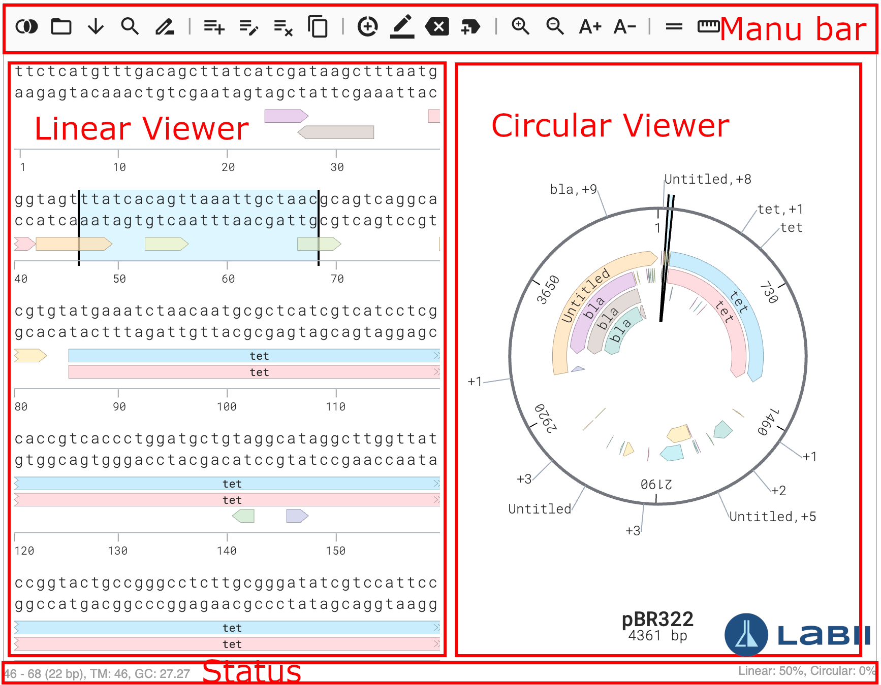 Edit view of the Plasmid Editor widget