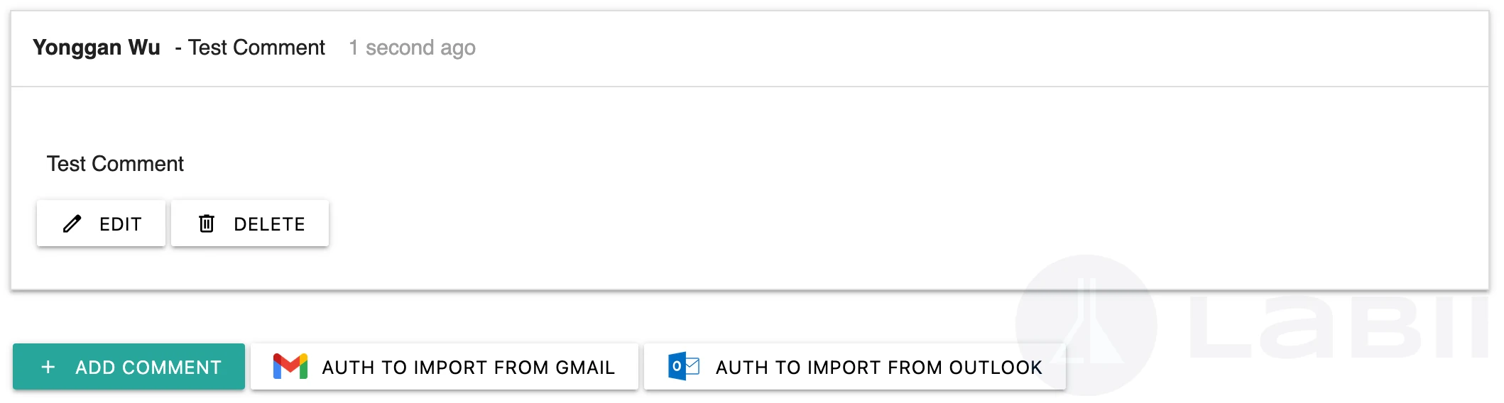 Read-only view of the Comments widget showing a list of timestamped comments with action buttons
