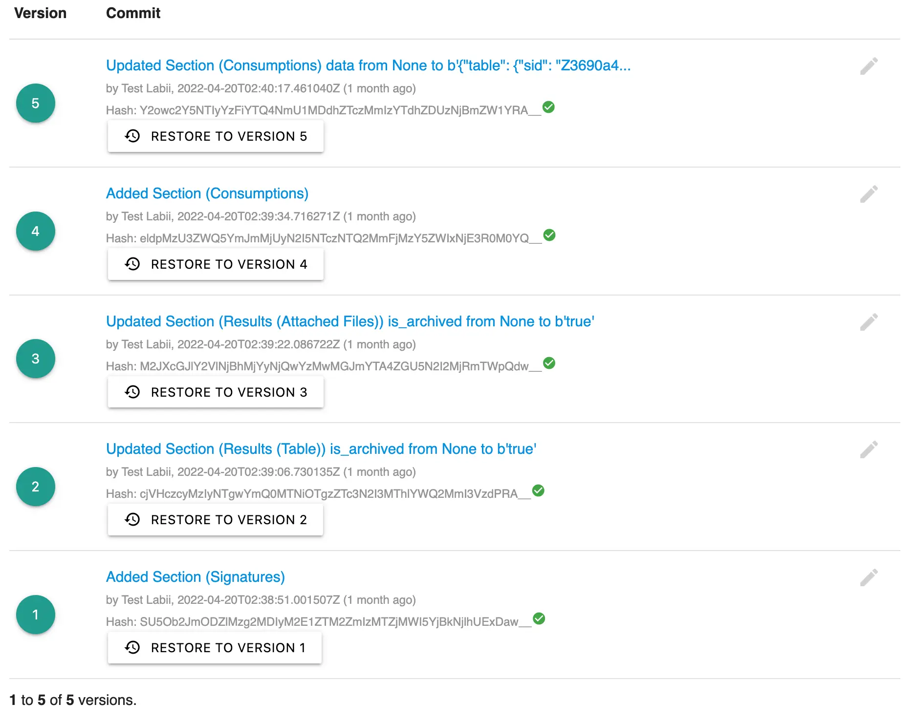 Read-only view of the Versions widget showing version numbers, commit messages, hash keys, and restore buttons
