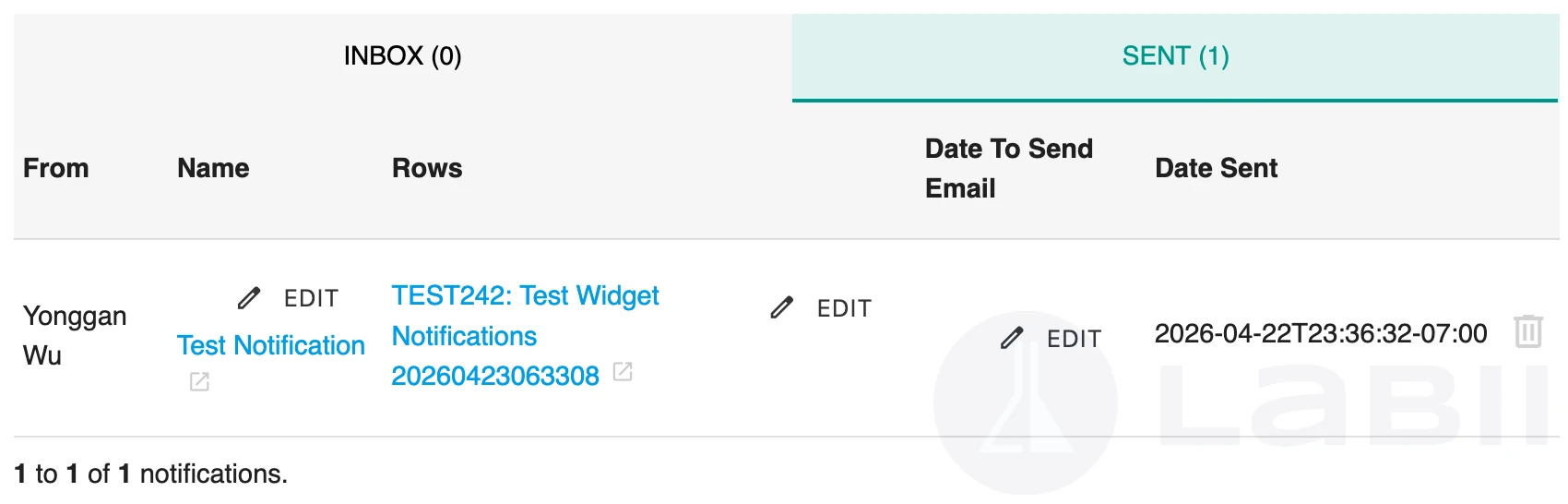 Read-only view of the Notifications widget showing the Inbox and Sent tabs