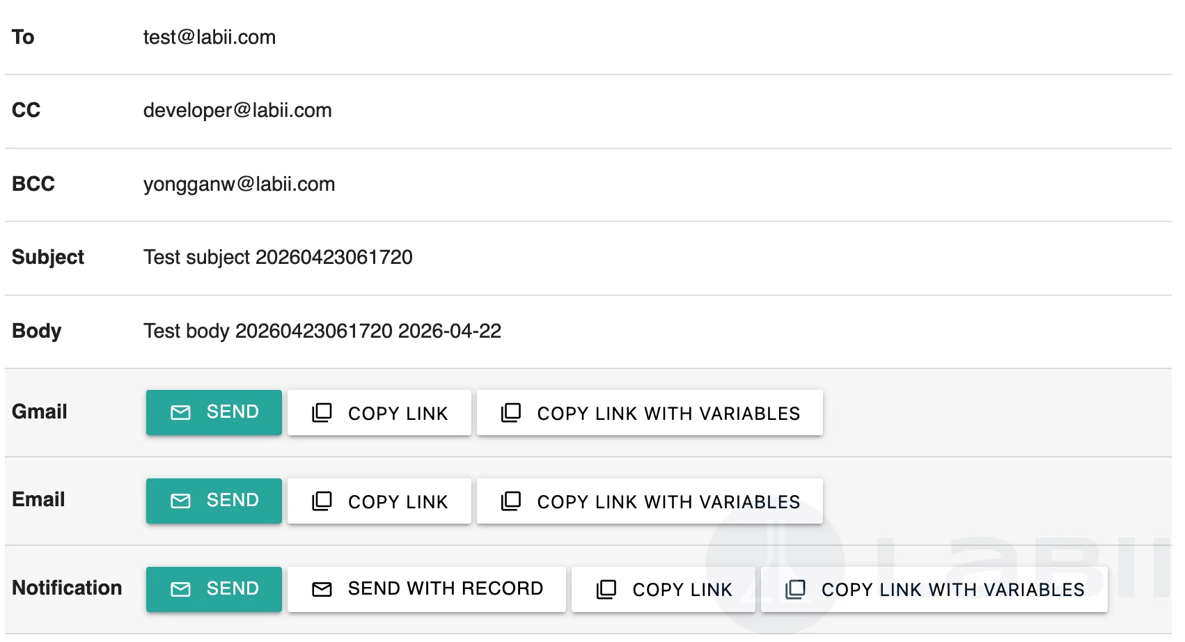 Read-only view of the Email Template widget showing the email fields and action buttons