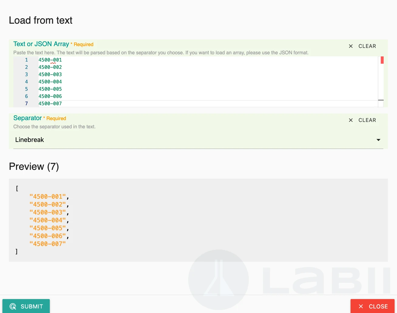 Load from text dialog showing text input area and separator options