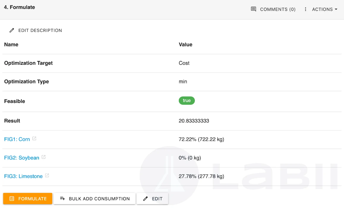 Formulate widget showing optimization results with ingredient percentages and feasibility status