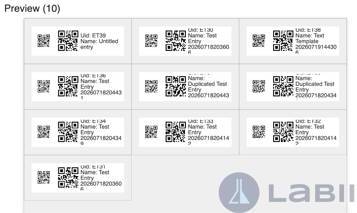 Preview of labels arranged in sheet mode