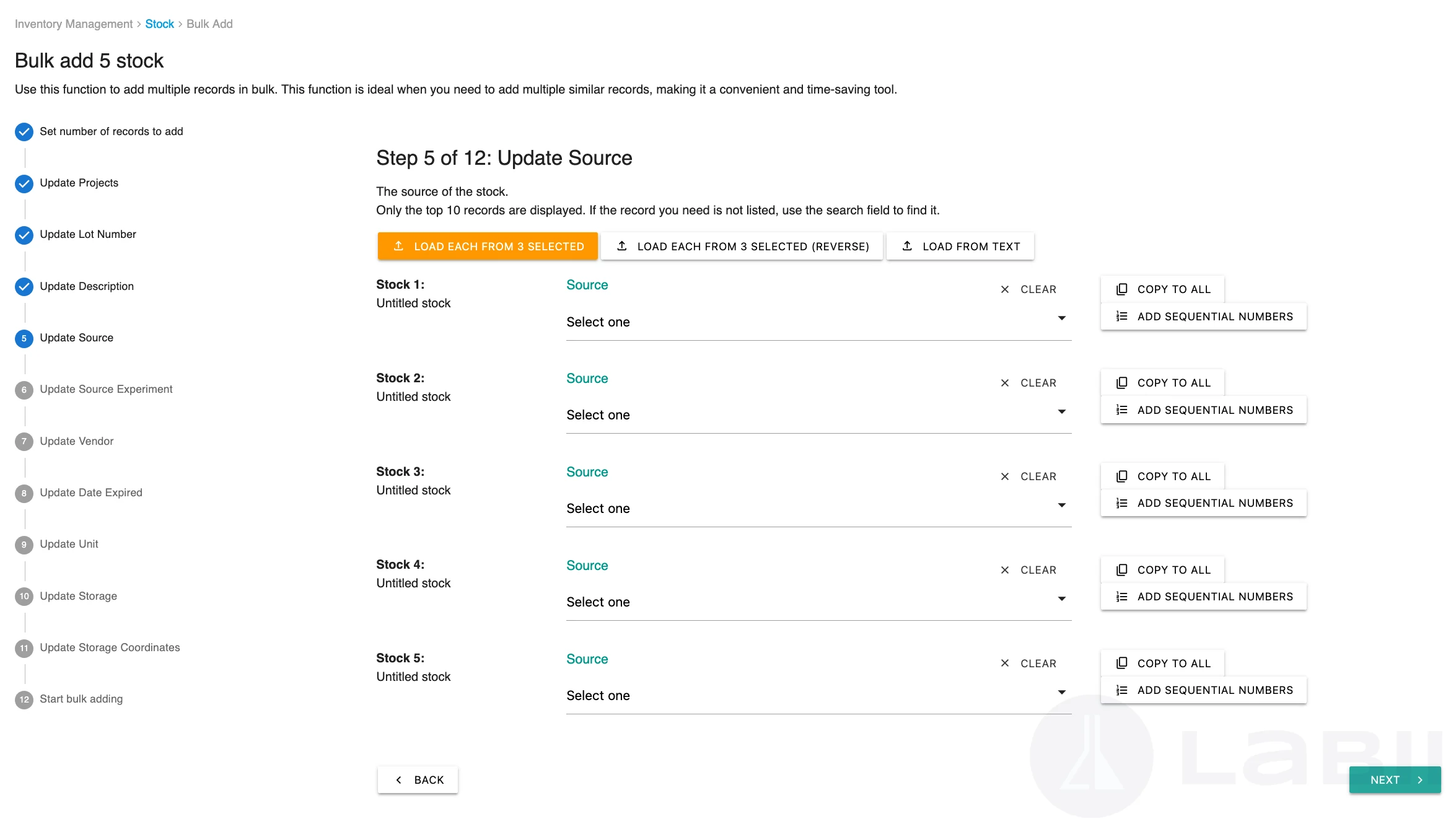 Bulk record addition interface showing step navigation on the left and data entry fields on the right